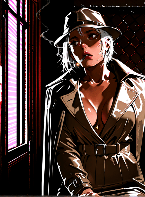 woman, hat, coat, smoke, neon sign, fence, city, window