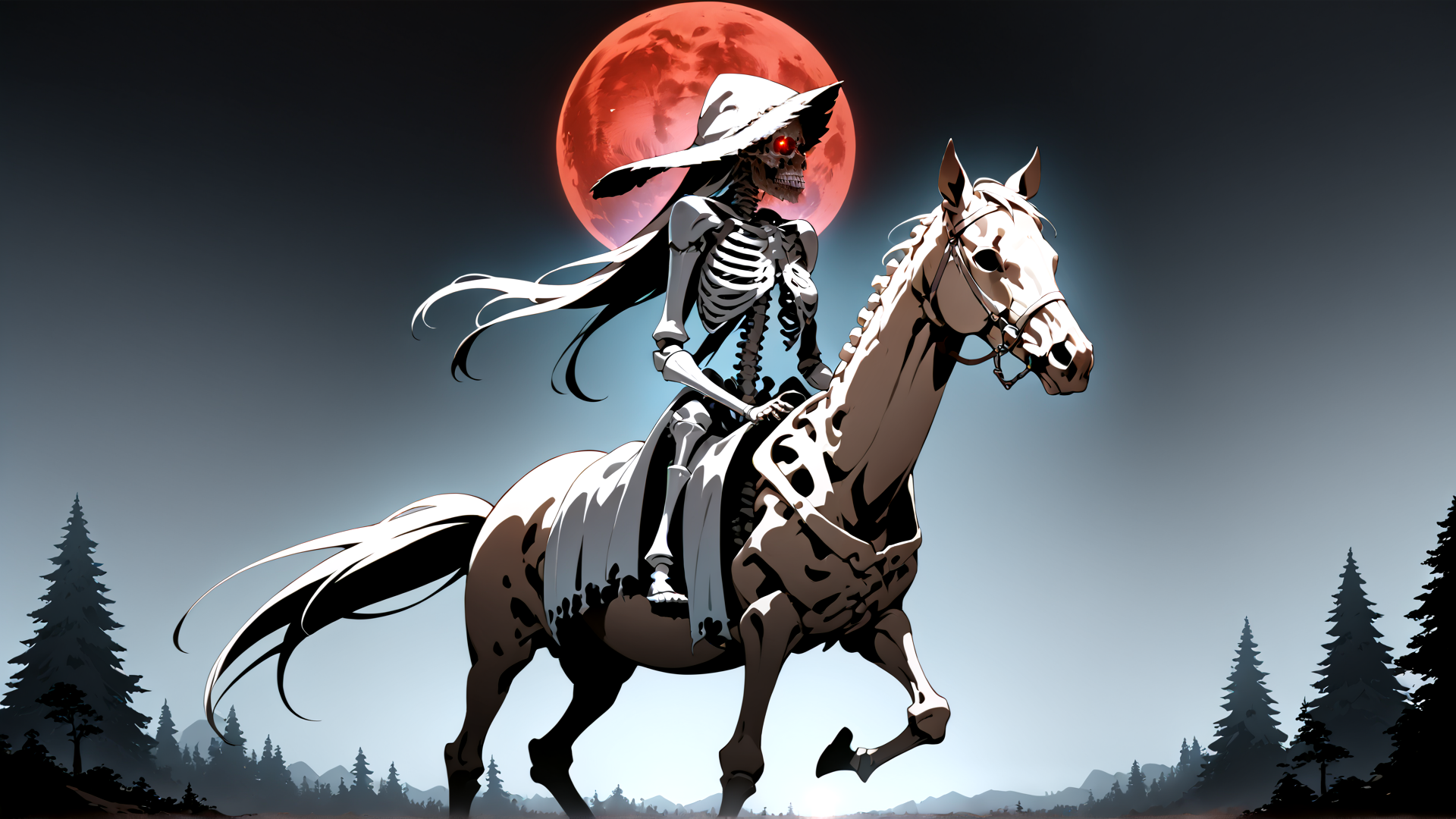 AI generated wallpaper featuring skeleton, horse, red moon, hat, trees
