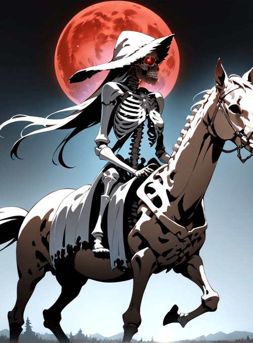 skeleton, horse, red moon, hat, trees