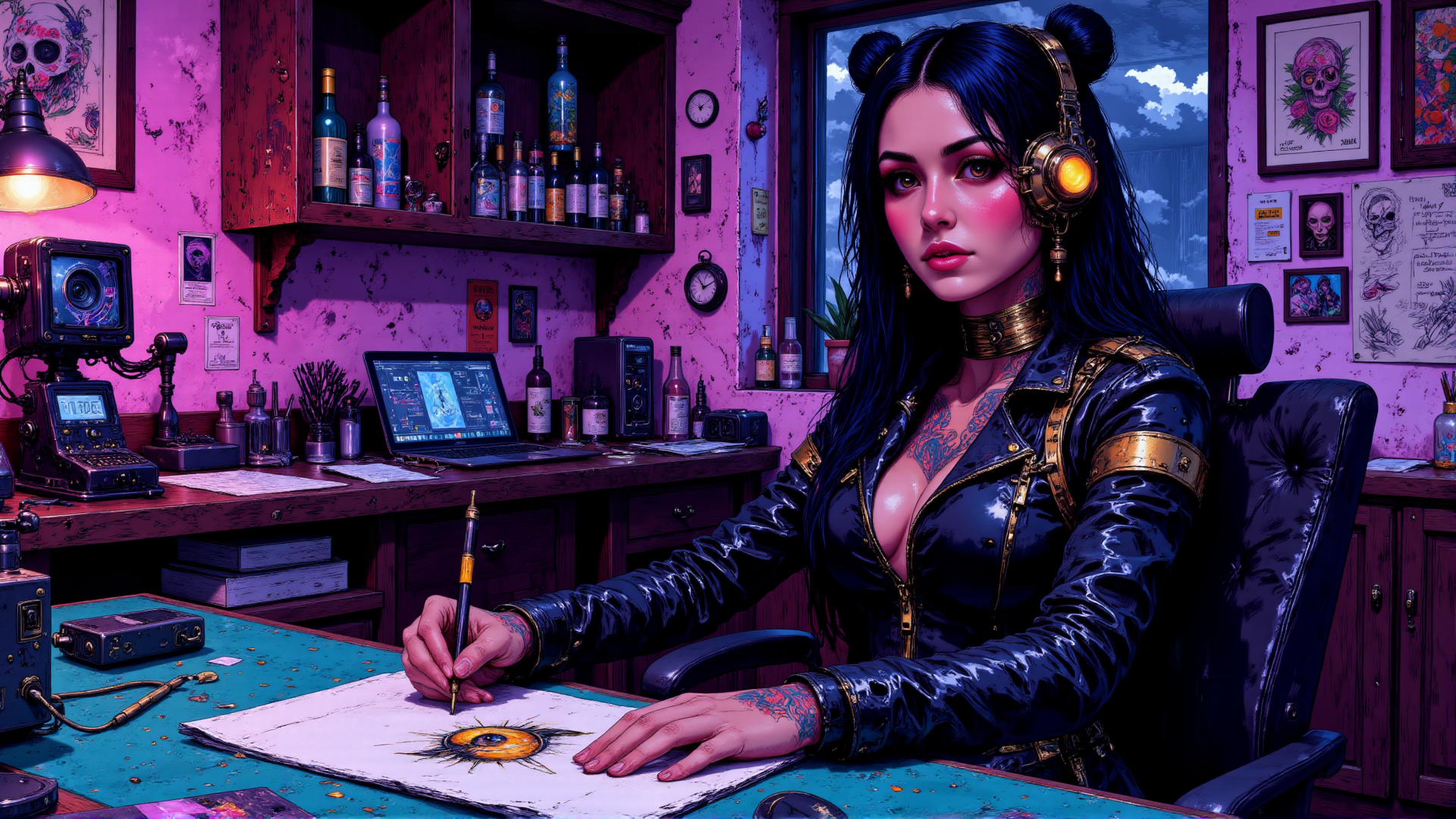 AI generated wallpaper featuring woman, artist, skull, bottle, headphones, tattoo, painting, desk, laptop, camera
