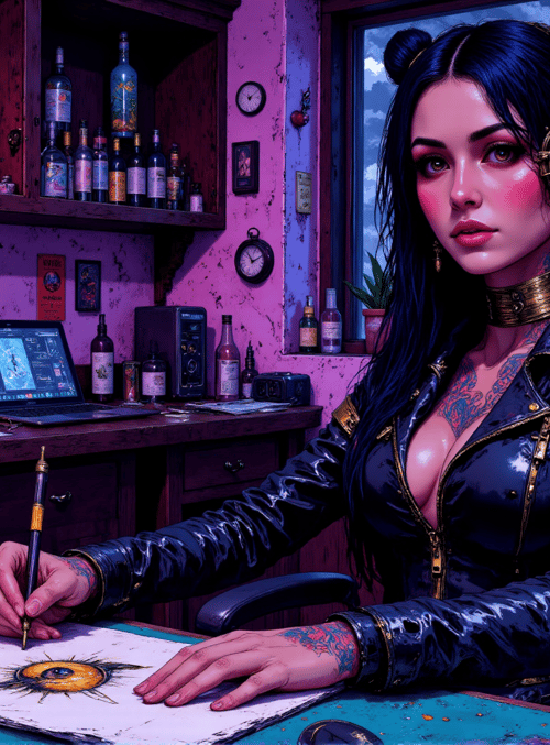 woman, artist, skull, bottle, headphones, tattoo, painting, desk, laptop, camera