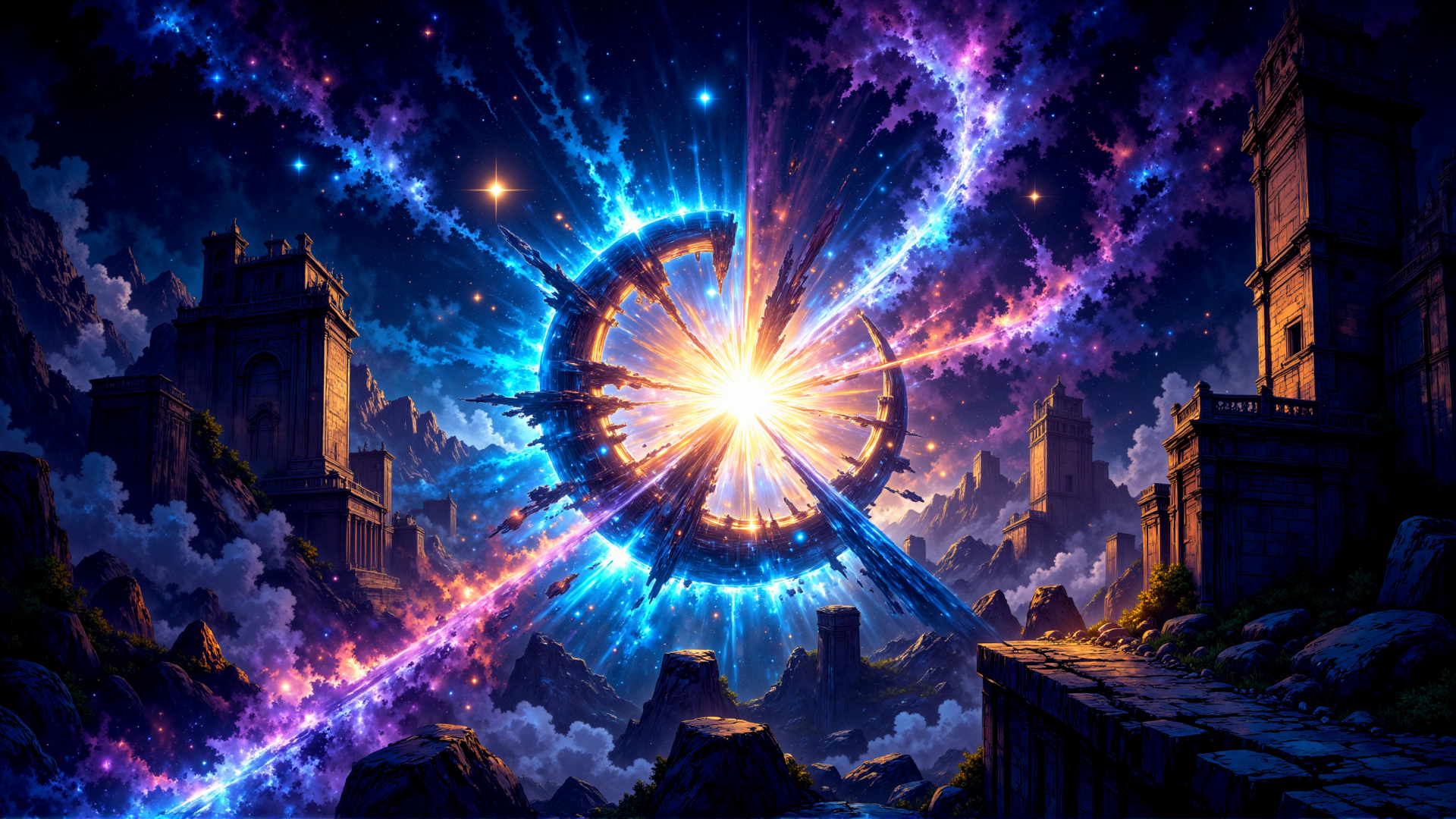 AI generated wallpaper featuring portal, ancient city, galaxy, star, mountain, tower, light beam, ruins, cloud, building