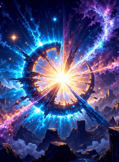portal, ancient city, galaxy, star, mountain, tower, light beam, ruins, cloud, building