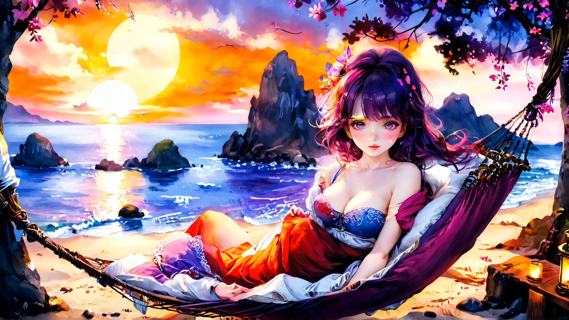 AI generated wallpaper featuring woman, hammock, beach