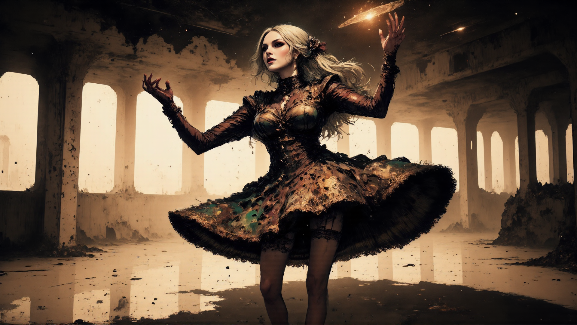 AI generated wallpaper featuring woman, dress, ruins
