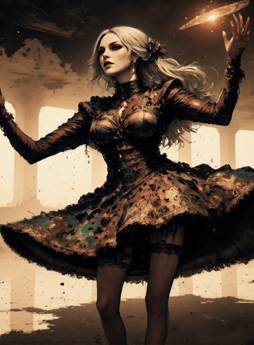 woman, dress, ruins