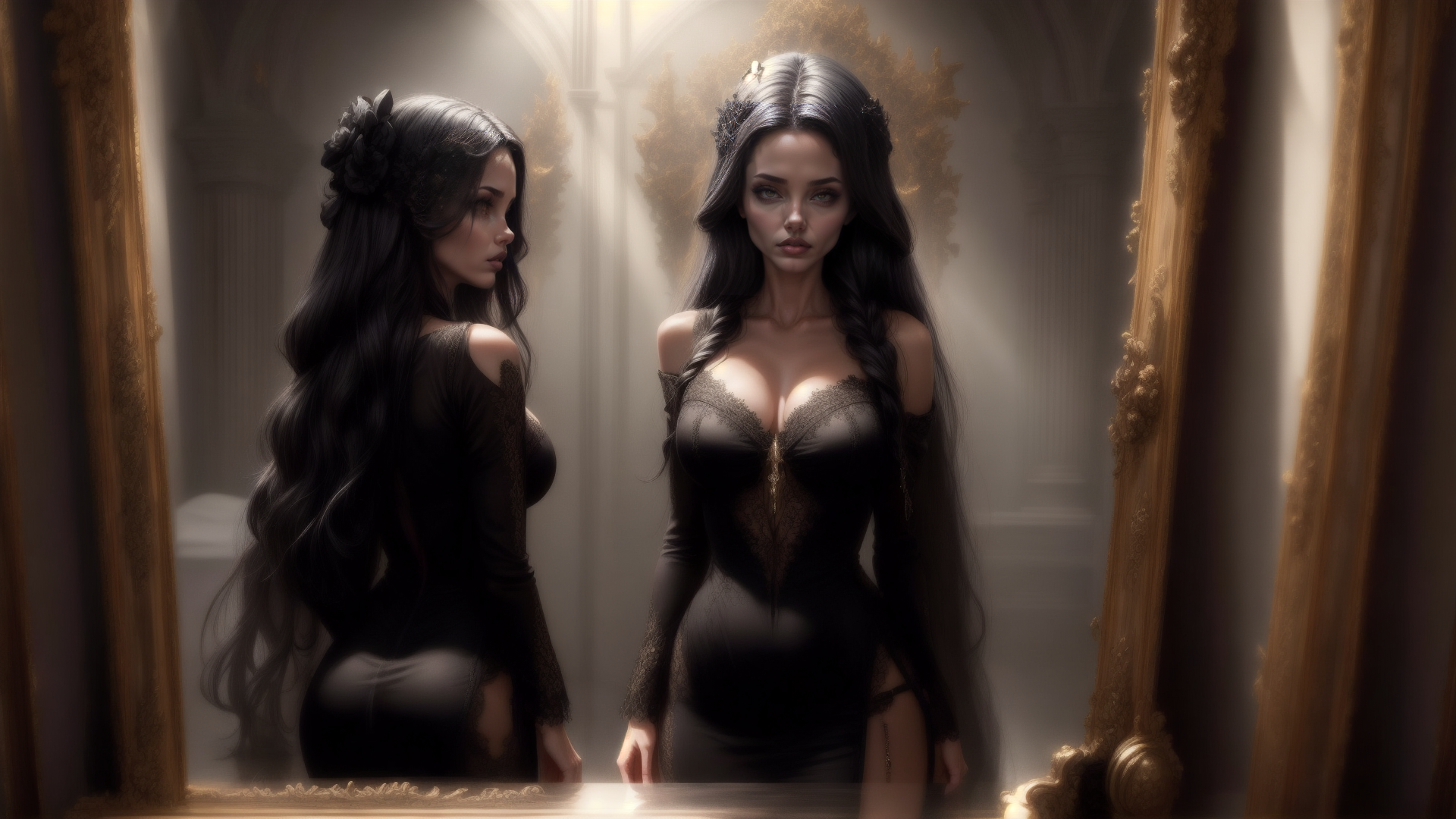 AI generated wallpaper featuring woman, mirror, dress
