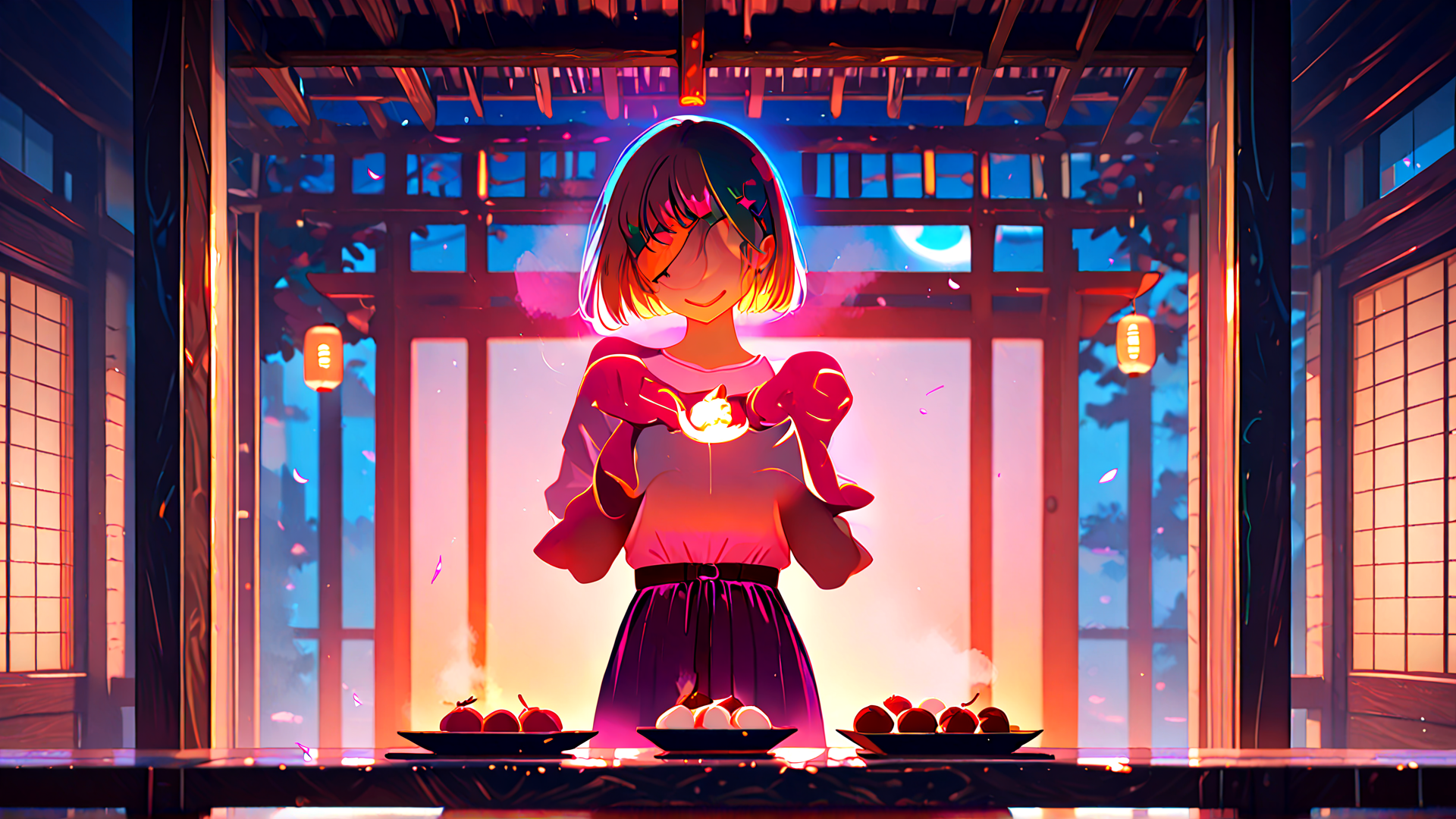 AI generated wallpaper featuring girl, lanterns, apples, moon, traditional building