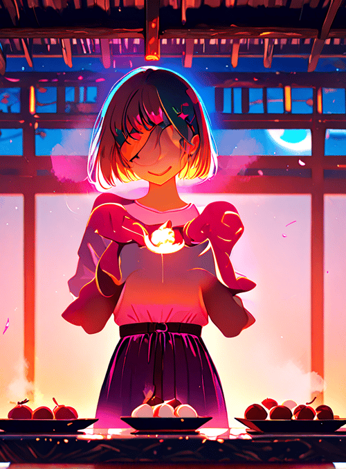 girl, lanterns, apples, moon, traditional building