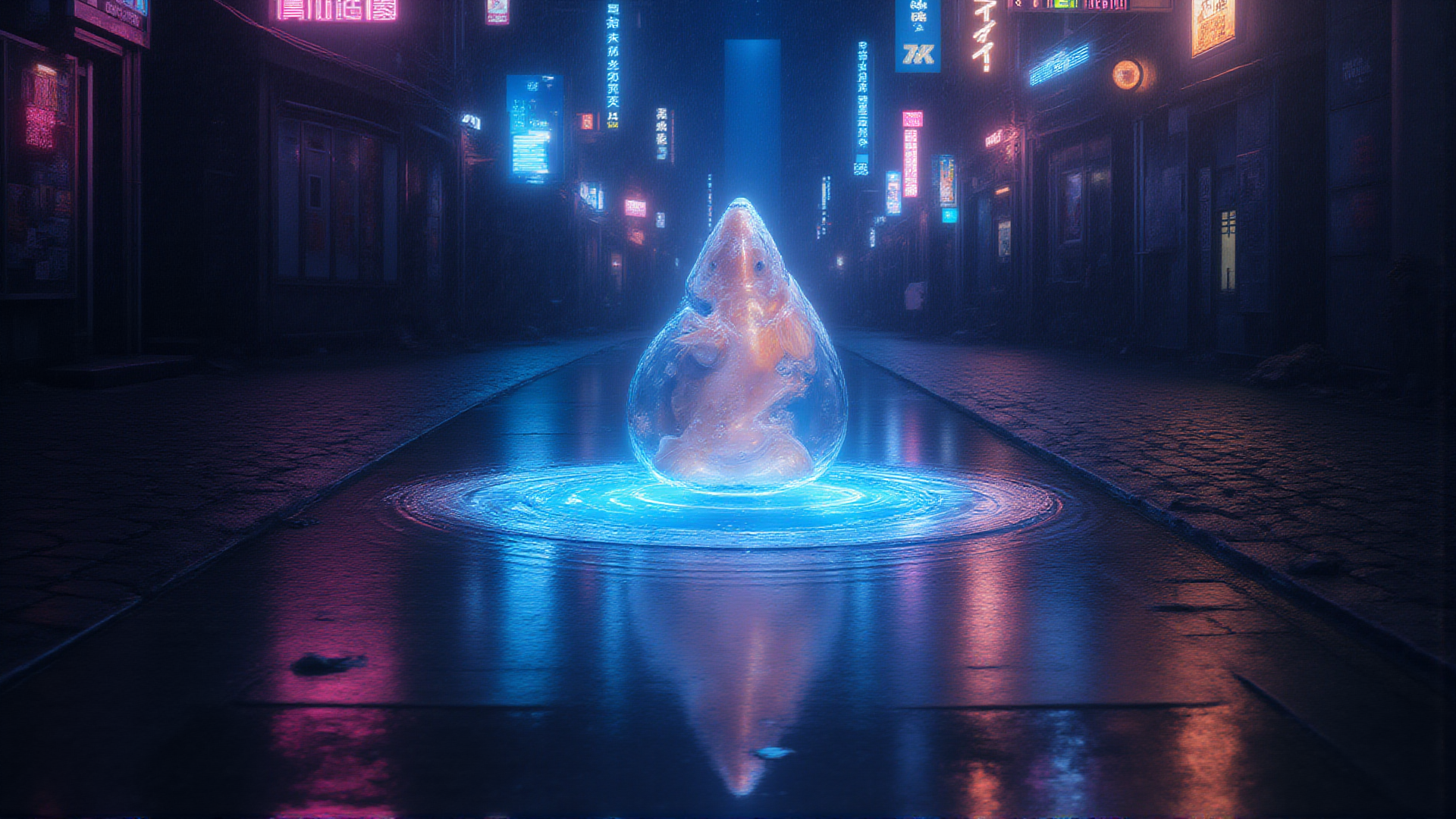 AI generated wallpaper featuring fish, neon, street, glowing, bubble, city