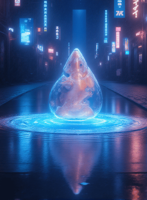 fish, neon, street, glowing, bubble, city