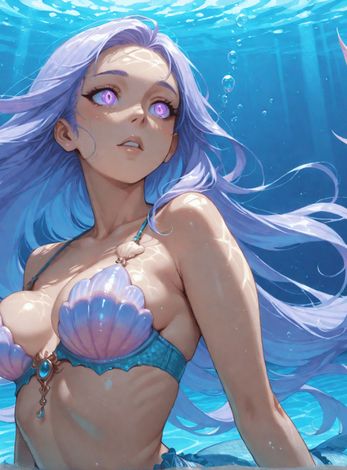 mermaid, seashell, coral, fish, sunlight, water, scales, bubbles, hair, pearl