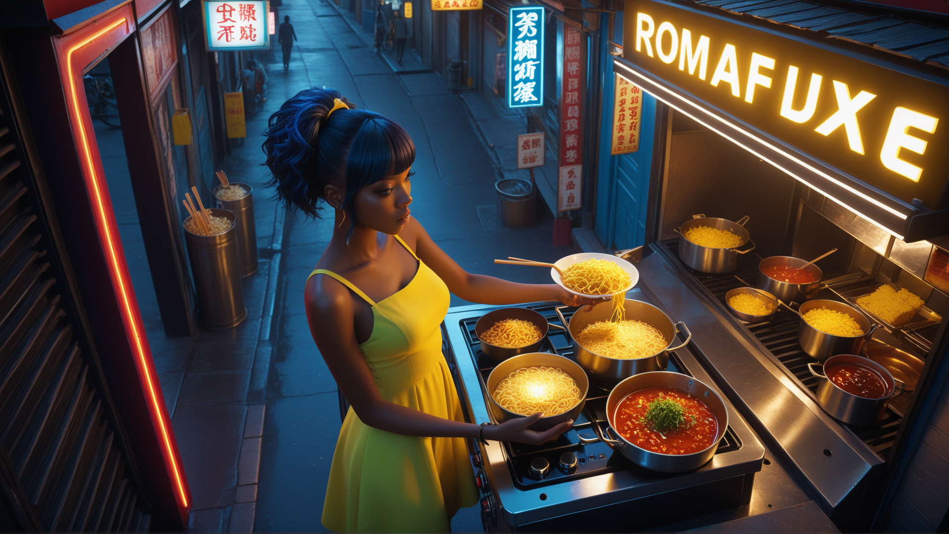 AI generated wallpaper featuring woman, noodles, street food, food stall, signs, pot, stove, alley, neon lights, chopsticks
