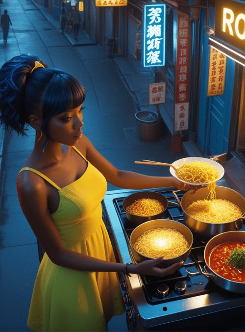 woman, noodles, street food, food stall, signs, pot, stove, alley, neon lights, chopsticks