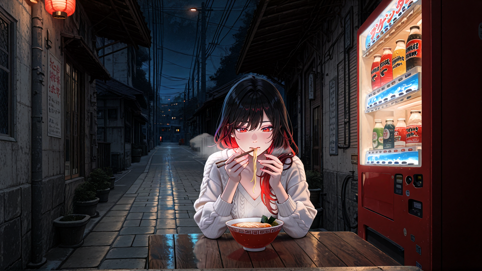 AI generated wallpaper featuring girl, noodle, chopsticks, street, vending machine, lantern, bowl, building, potted plant, souvenir