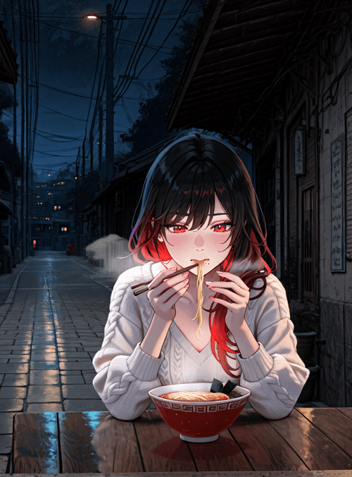 girl, noodle, chopsticks, street, vending machine, lantern, bowl, building, potted plant, souvenir
