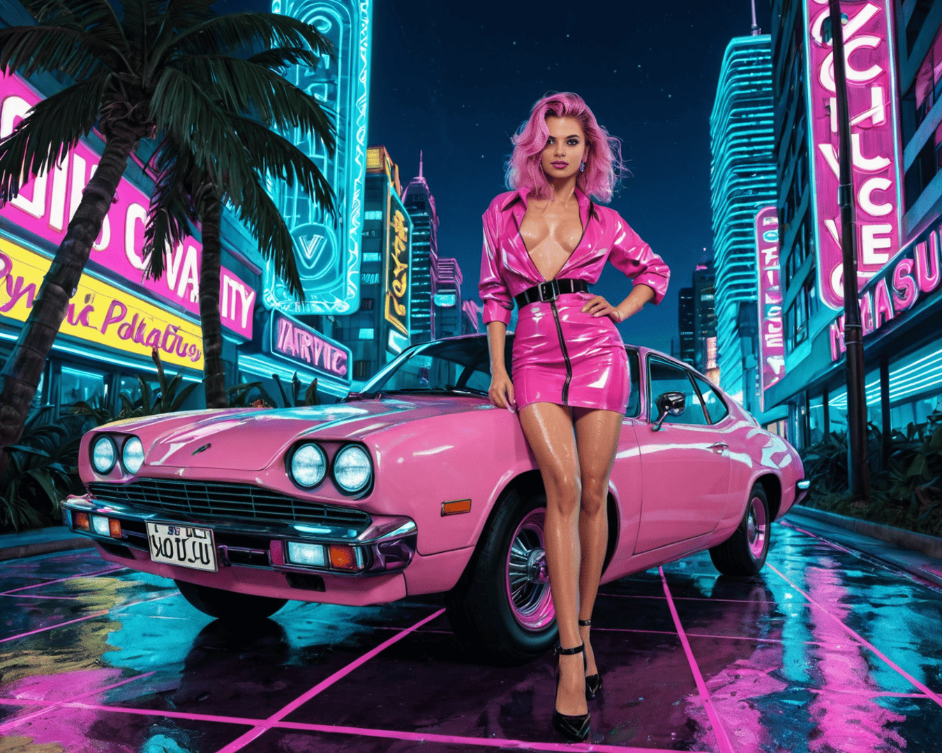 AI generated wallpaper featuring woman, car, city