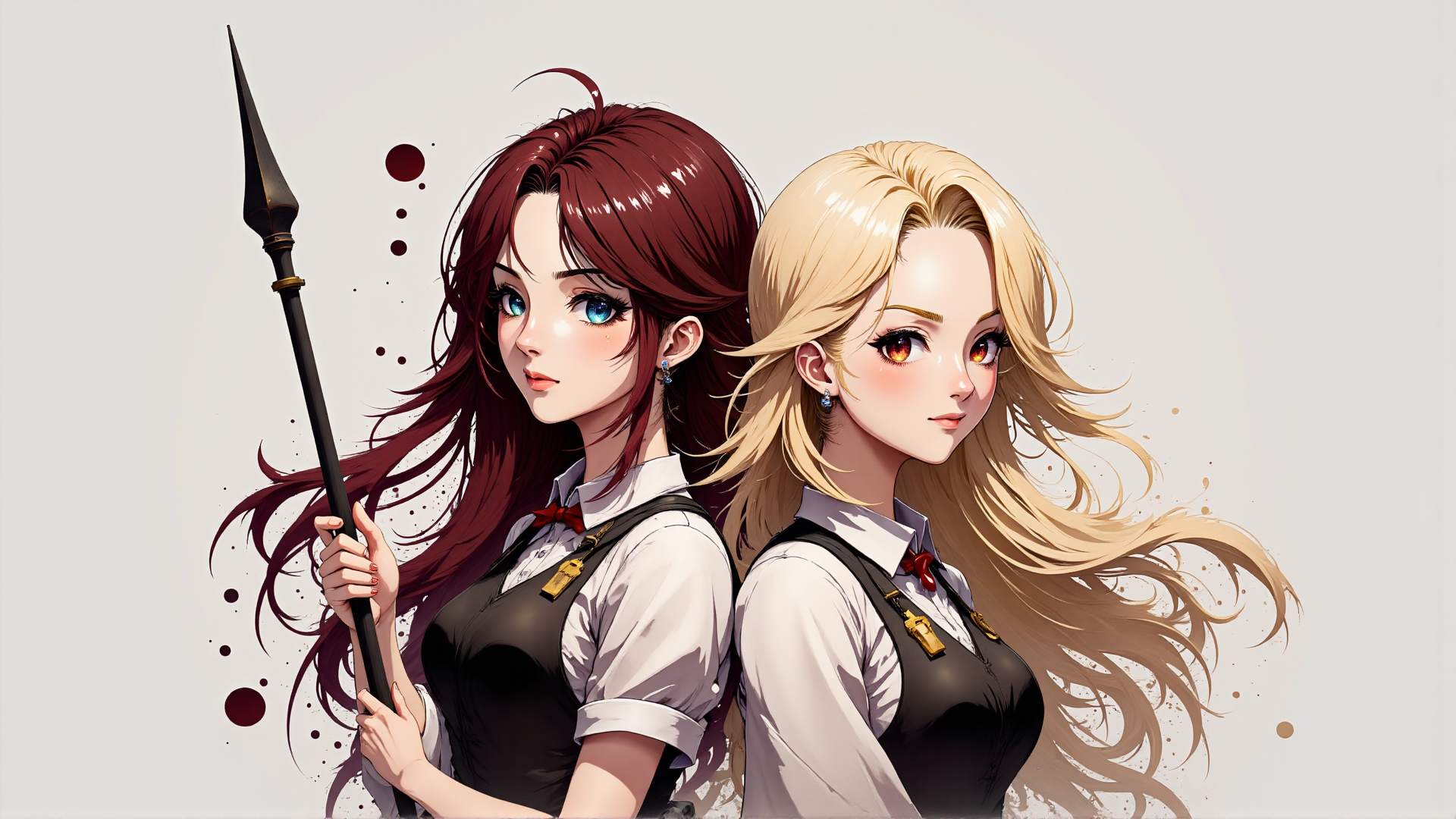 AI generated wallpaper featuring girls, women, spear, hair, shirt, suspenders, earrings, blouse, boots, accessories