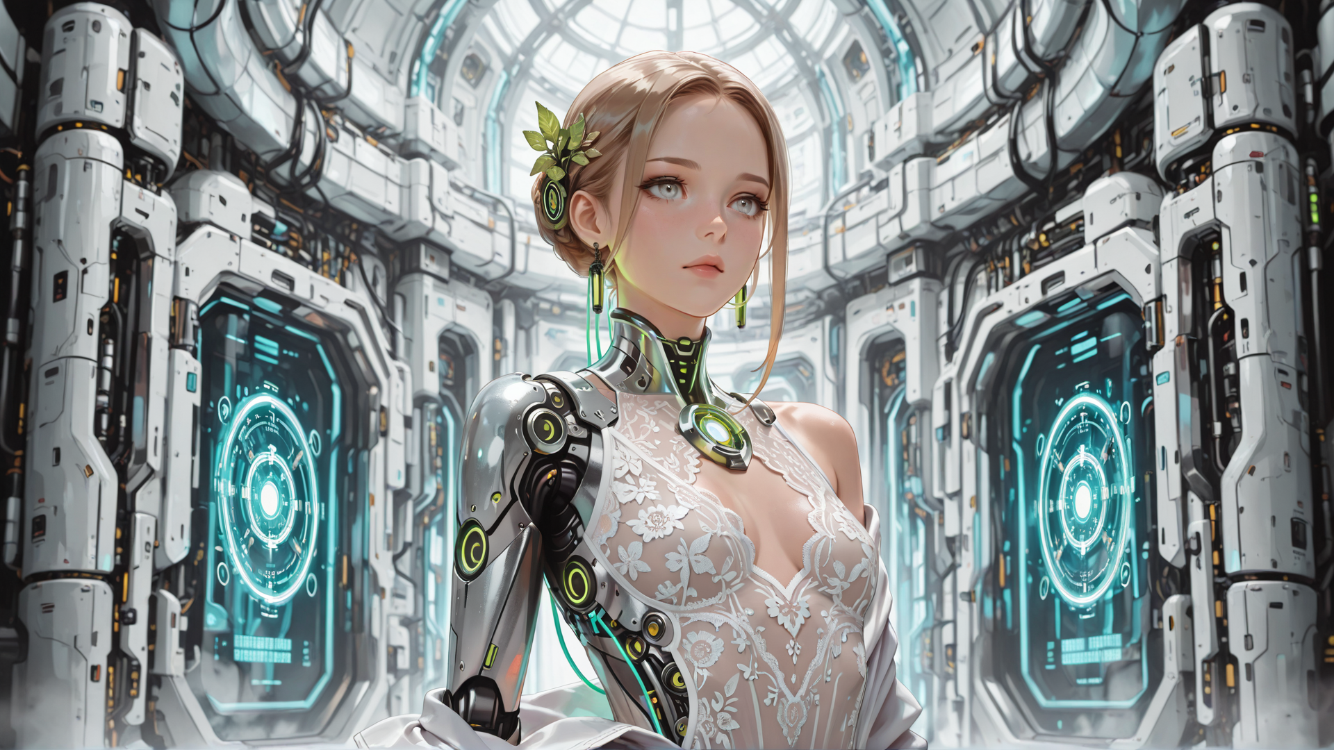 AI generated wallpaper featuring cyborg, woman, robot, lady, gears, dresses, glasses, plants, necks, earrings