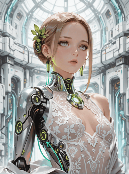 cyborg, woman, robot, lady, gears, dresses, glasses, plants, necks, earrings