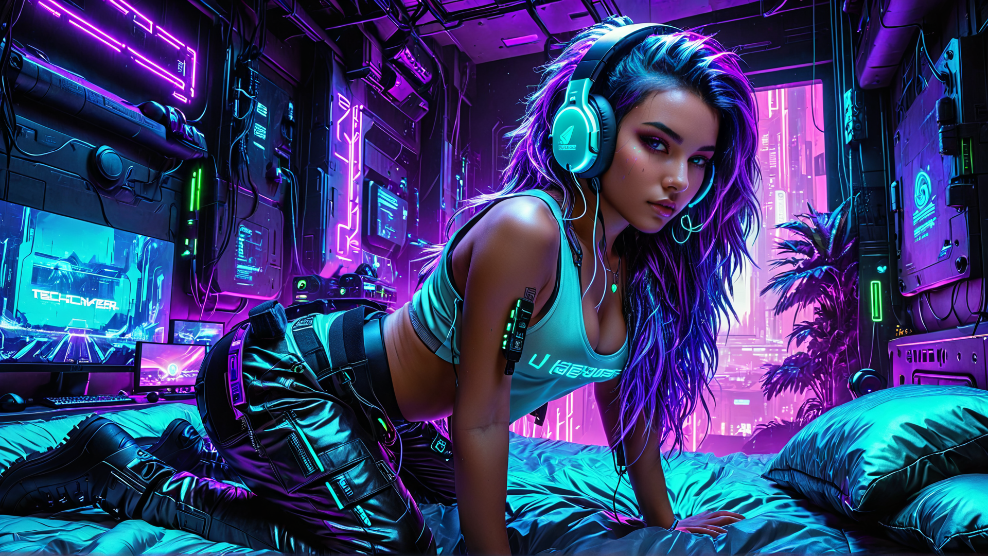 AI generated wallpaper featuring woman, cyberpunk, gaming