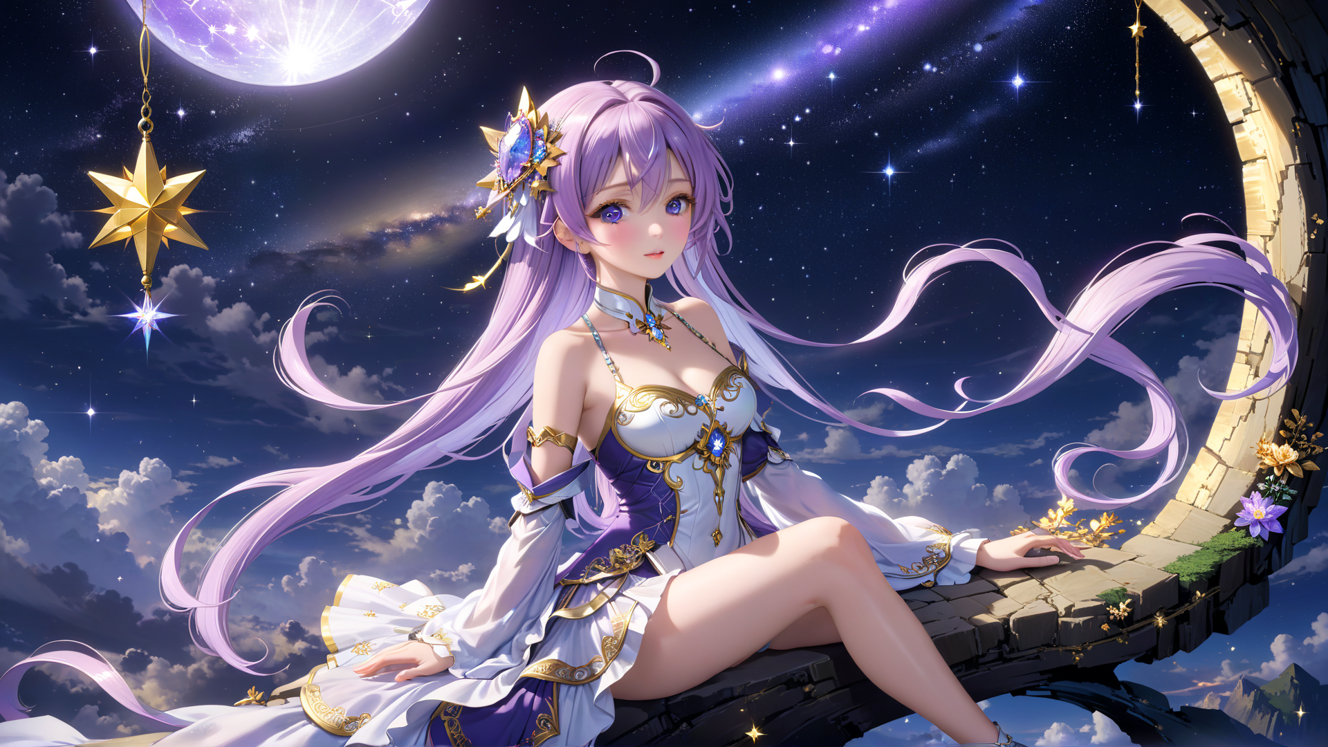 AI generated wallpaper featuring anime girl, princess, fairy, star, moon, heavenly, angel, cosmic, dream, celestial