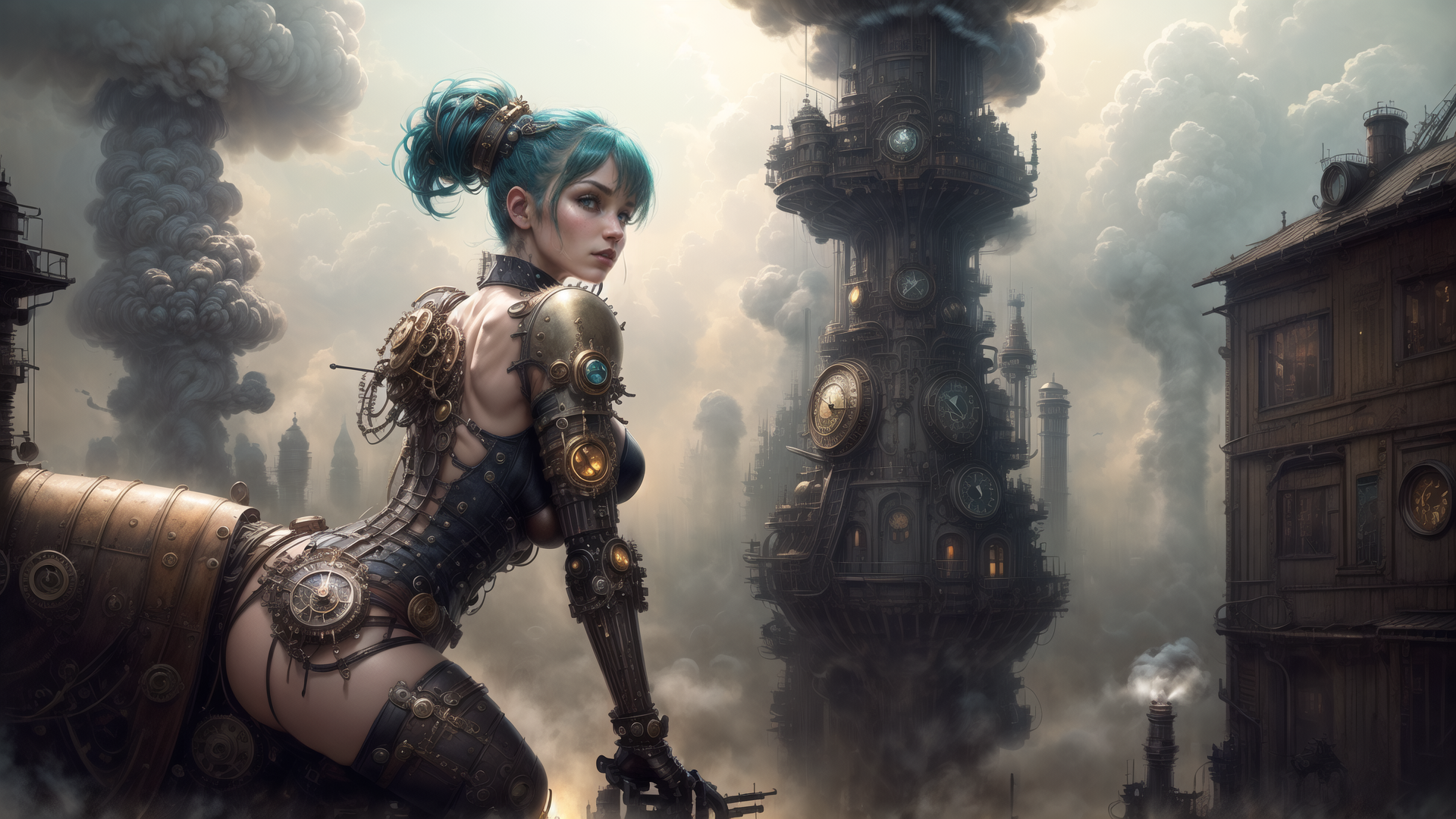 AI generated wallpaper featuring woman, steampunk, clock tower