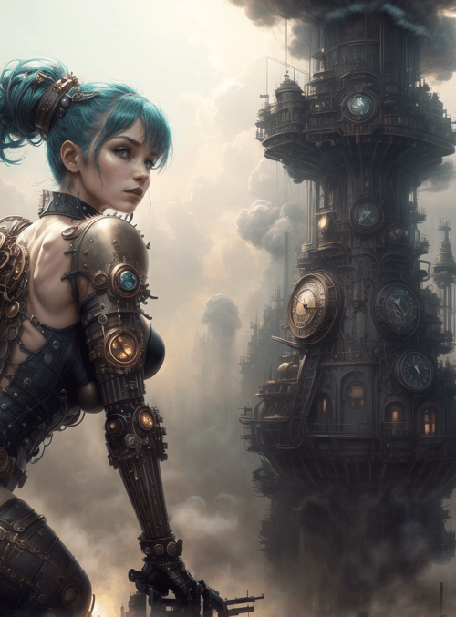 woman, steampunk, clock tower