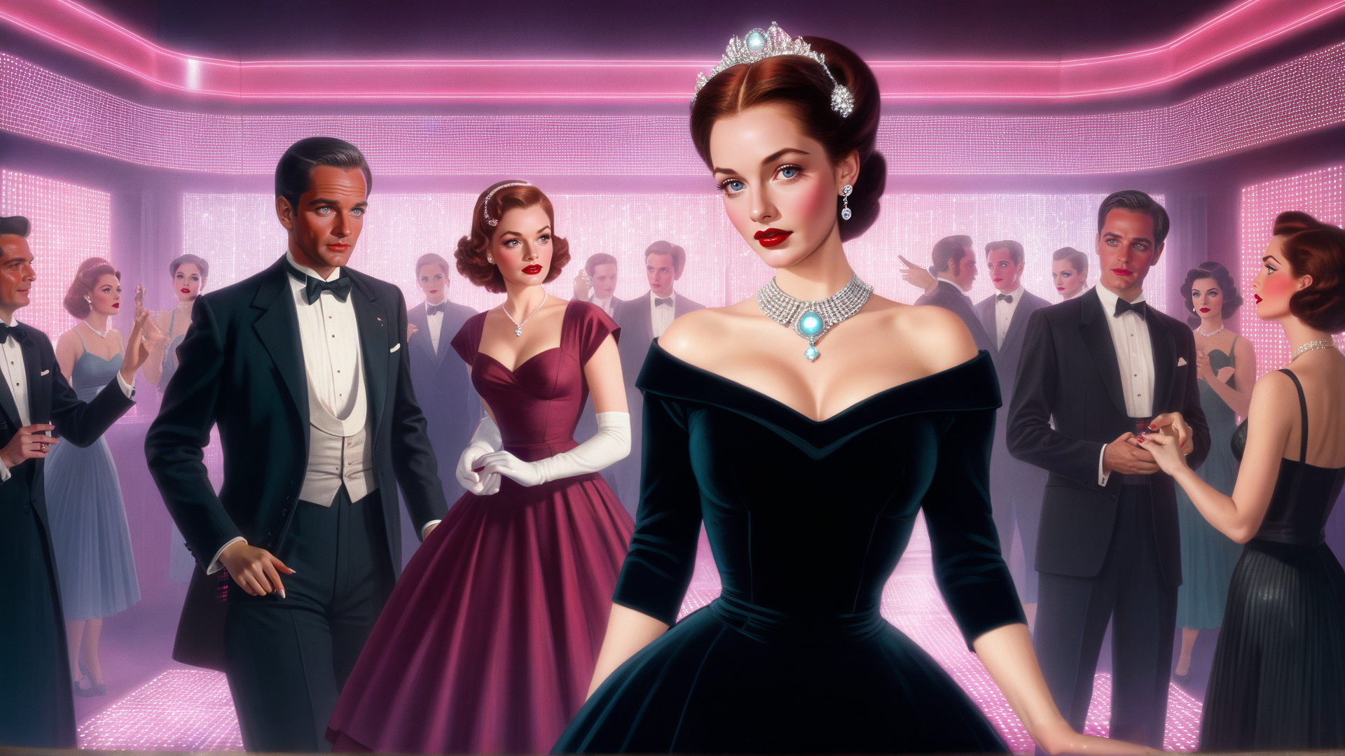 AI generated wallpaper featuring woman, ballroom, gowns, tuxedos, jewelry