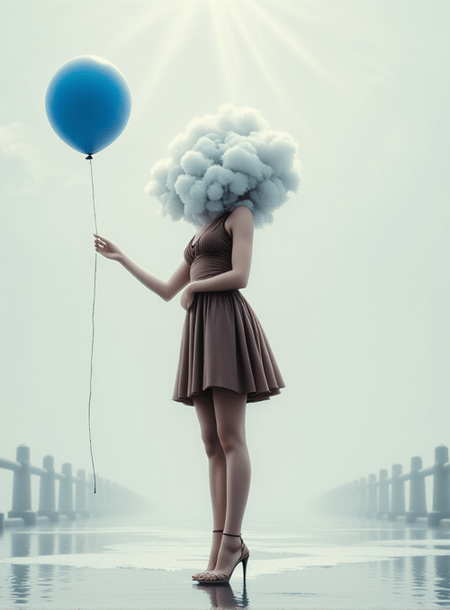woman, cloud, balloon