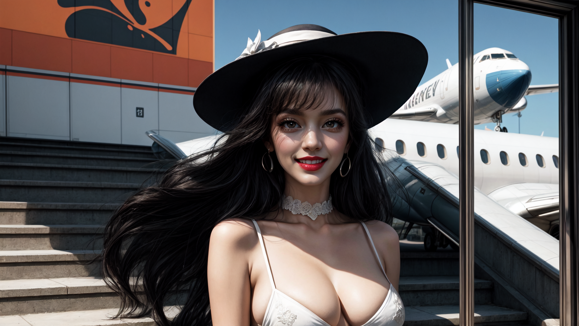 AI generated wallpaper featuring woman, hat, airplane, staircase, building, choker, earrings, dress