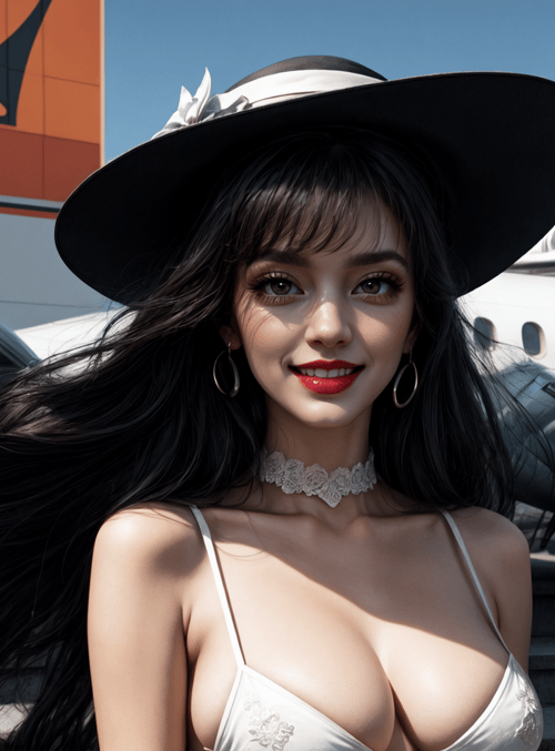 woman, hat, airplane, staircase, building, choker, earrings, dress