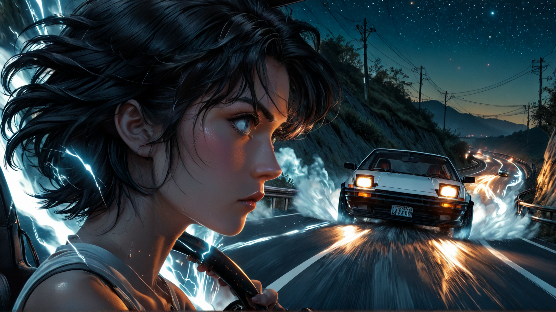 AI generated wallpaper featuring woman, car, road, electricity, stars, mountains