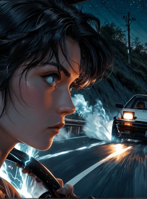 woman, car, road, electricity, stars, mountains
