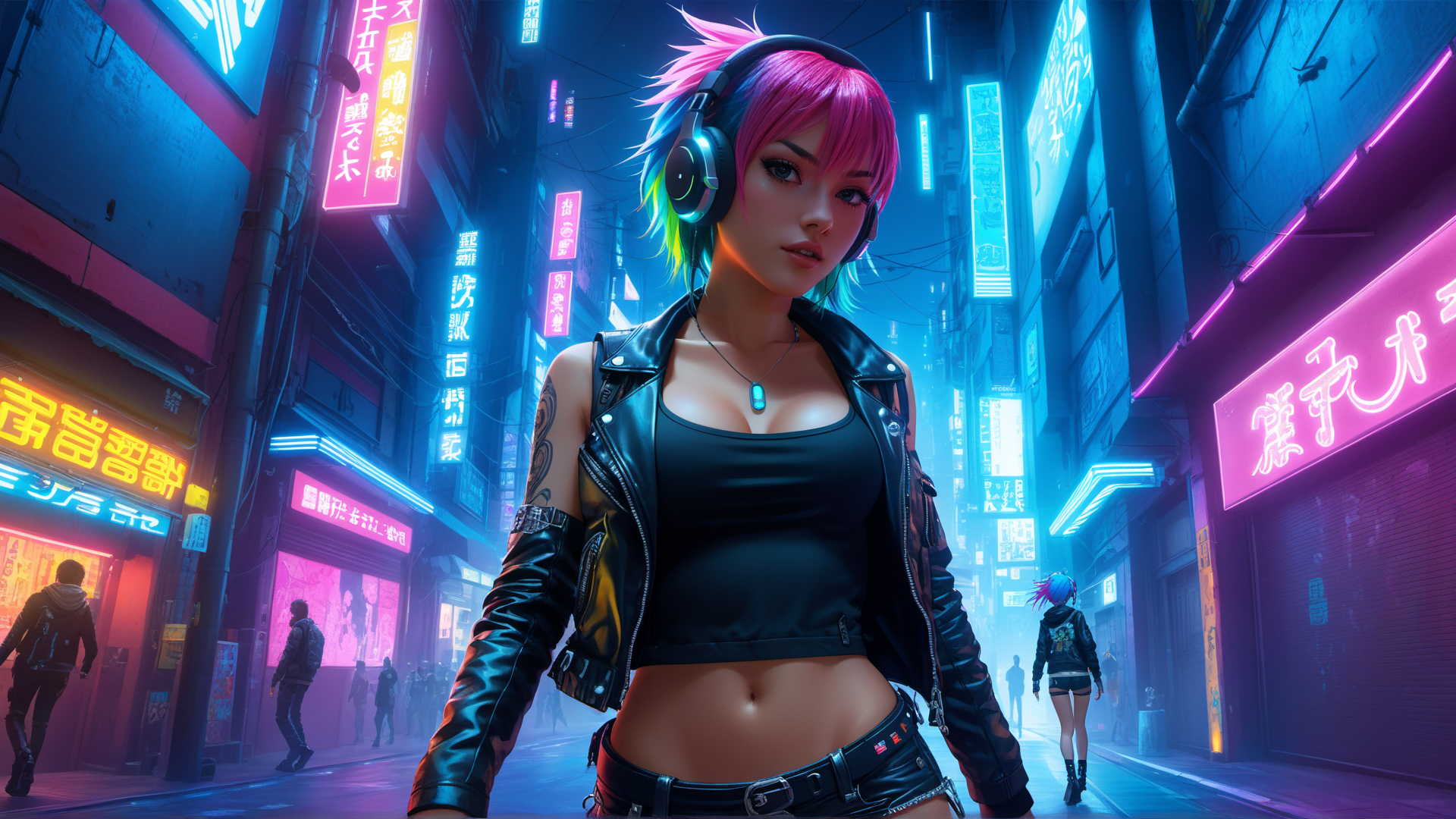 AI generated wallpaper featuring cyberpunk girl, neon street