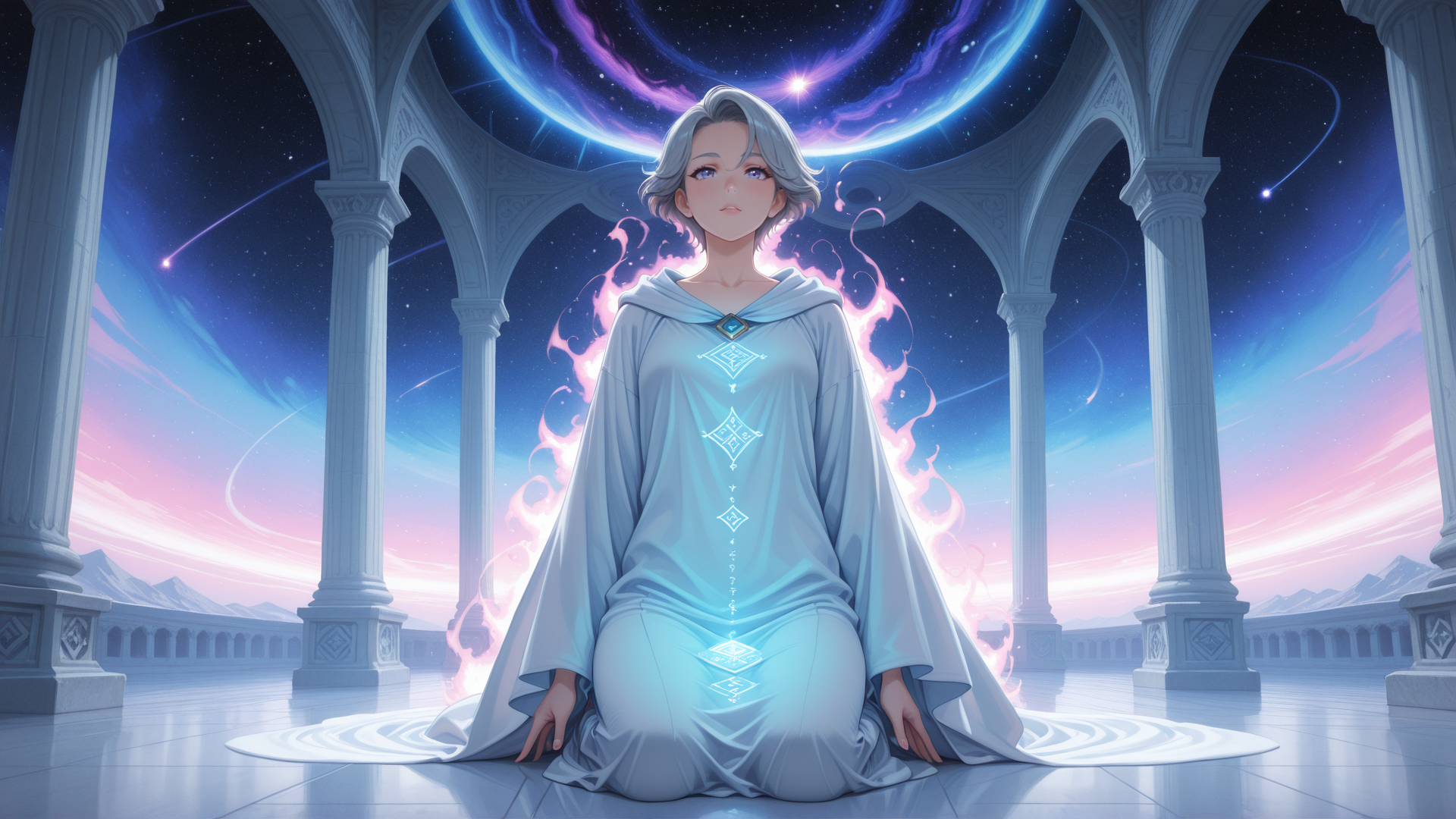 AI generated wallpaper featuring woman, mage, soul, cosmos, prayer, temple, star, energy, flame, spirit