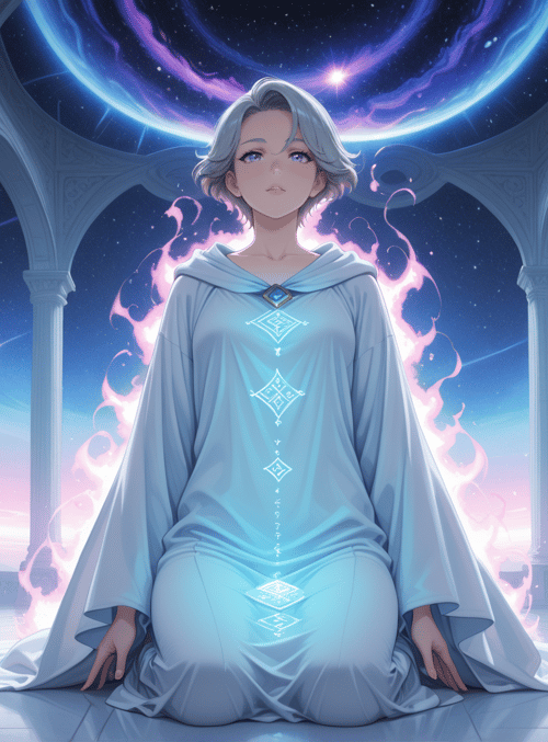 woman, mage, soul, cosmos, prayer, temple, star, energy, flame, spirit