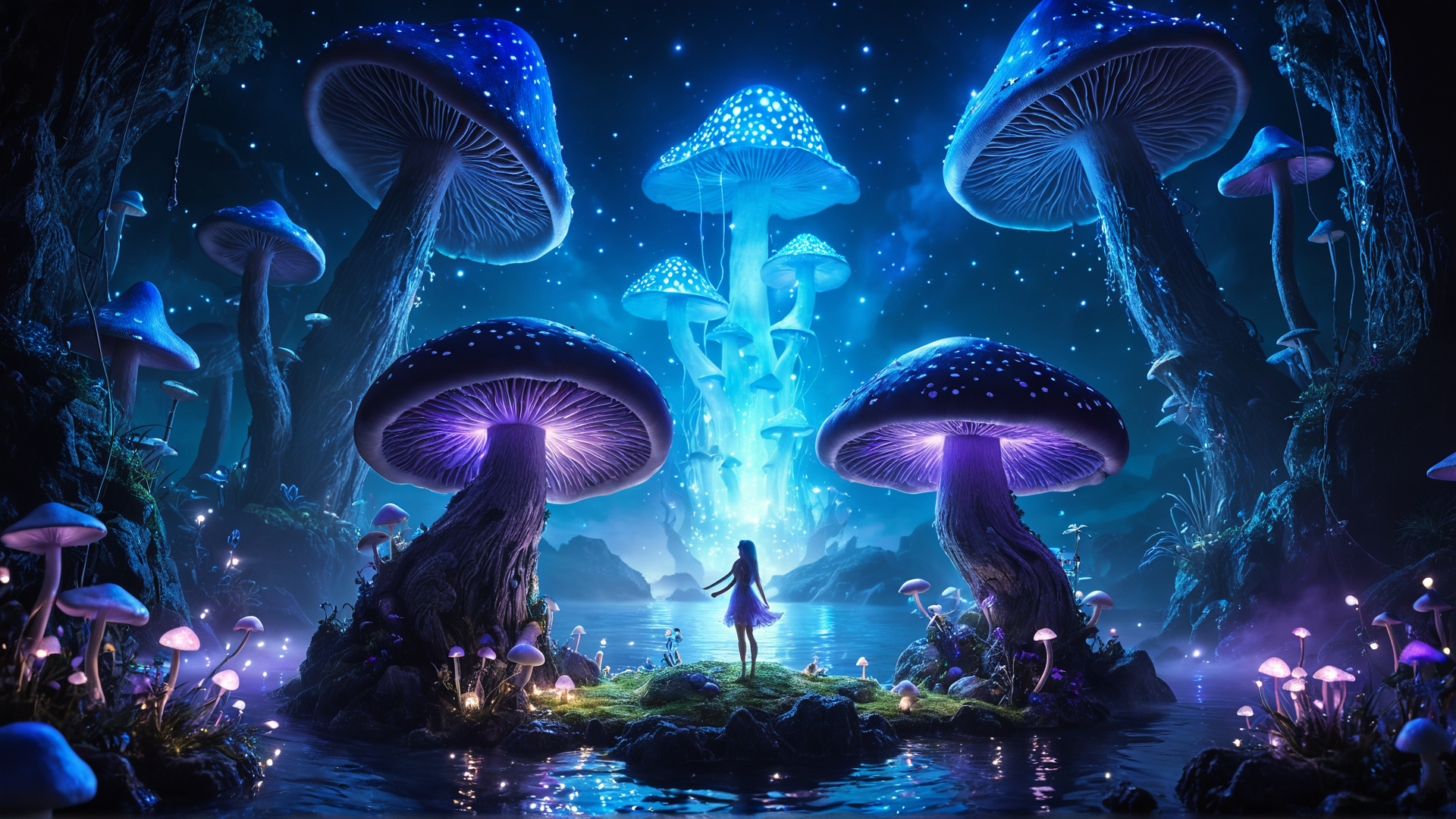 AI generated wallpaper featuring mushroom, girl, forest, water, stars, light, fungus, nature, landscape, glow