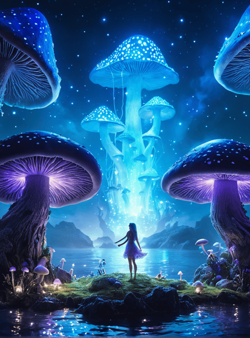 mushroom, girl, forest, water, stars, light, fungus, nature, landscape, glow