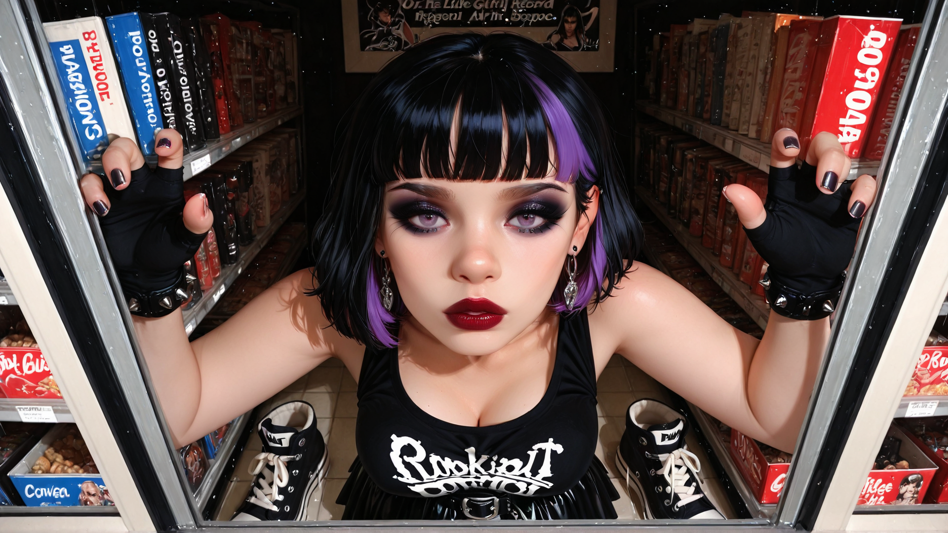 AI generated wallpaper featuring girl, sneakers, gloves, books, hair, top, shelf