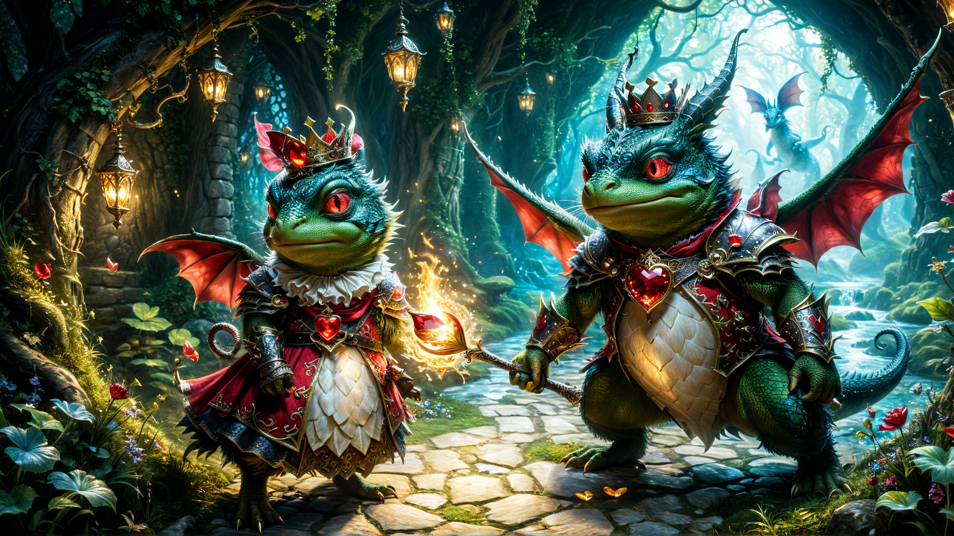 AI generated wallpaper featuring dragon, king, queen, lantern, forest, crown, armor, magic wand, river, flower