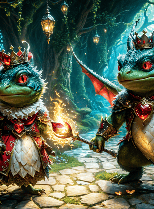 dragon, king, queen, lantern, forest, crown, armor, magic wand, river, flower