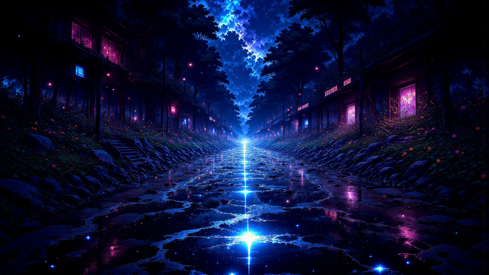 AI generated wallpaper featuring road, trees, houses, flowers, lights, sky, water, stars, buildings, path