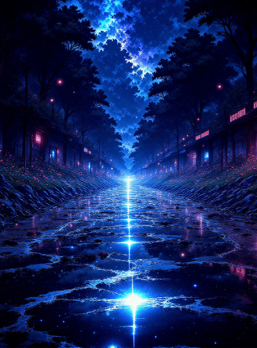 road, trees, houses, flowers, lights, sky, water, stars, buildings, path