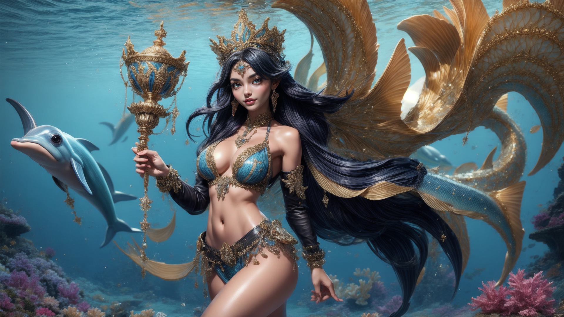 AI generated wallpaper featuring mermaid, dolphin, coral