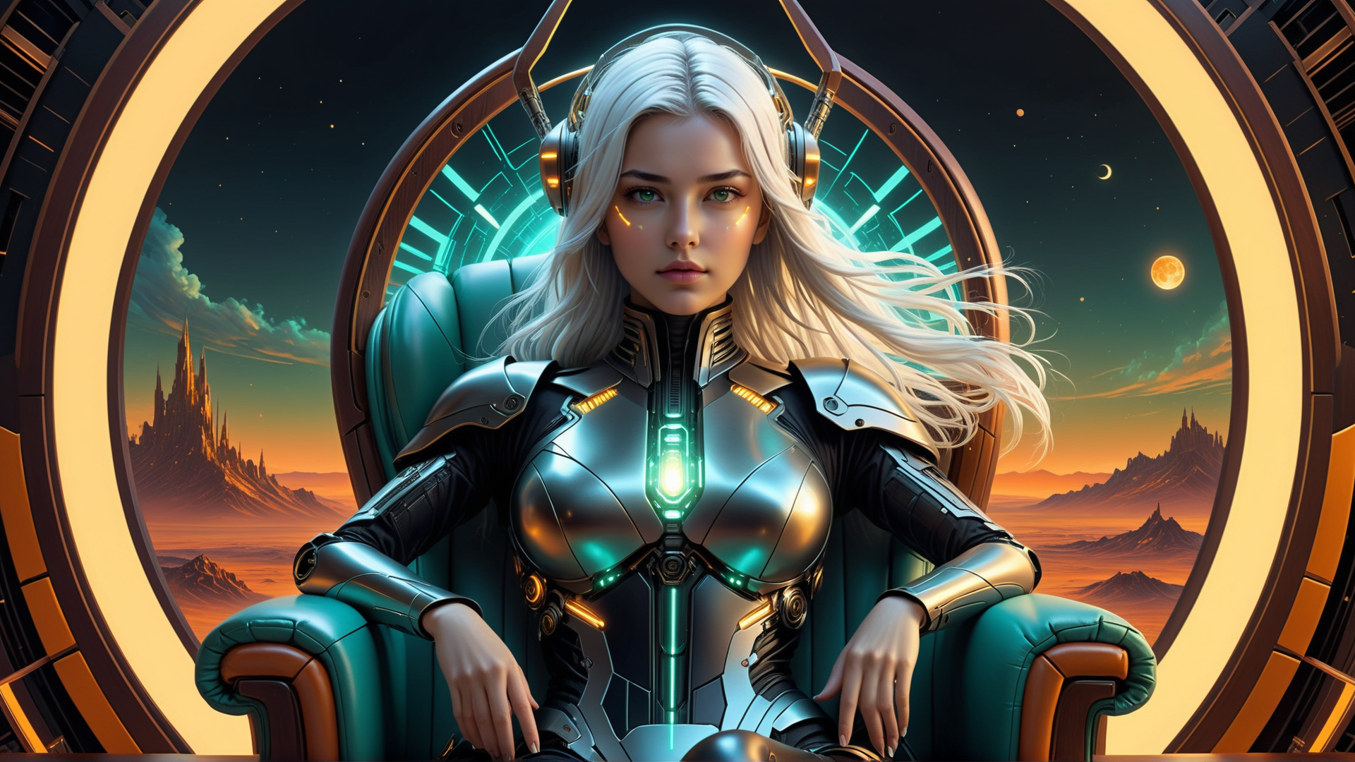 AI generated wallpaper featuring cyborg, woman, helmet, armor, chair, gears, headphones