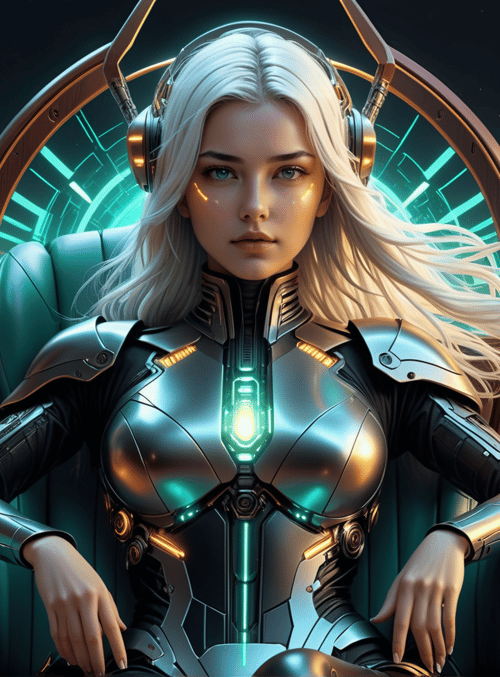 cyborg, woman, helmet, armor, chair, gears, headphones