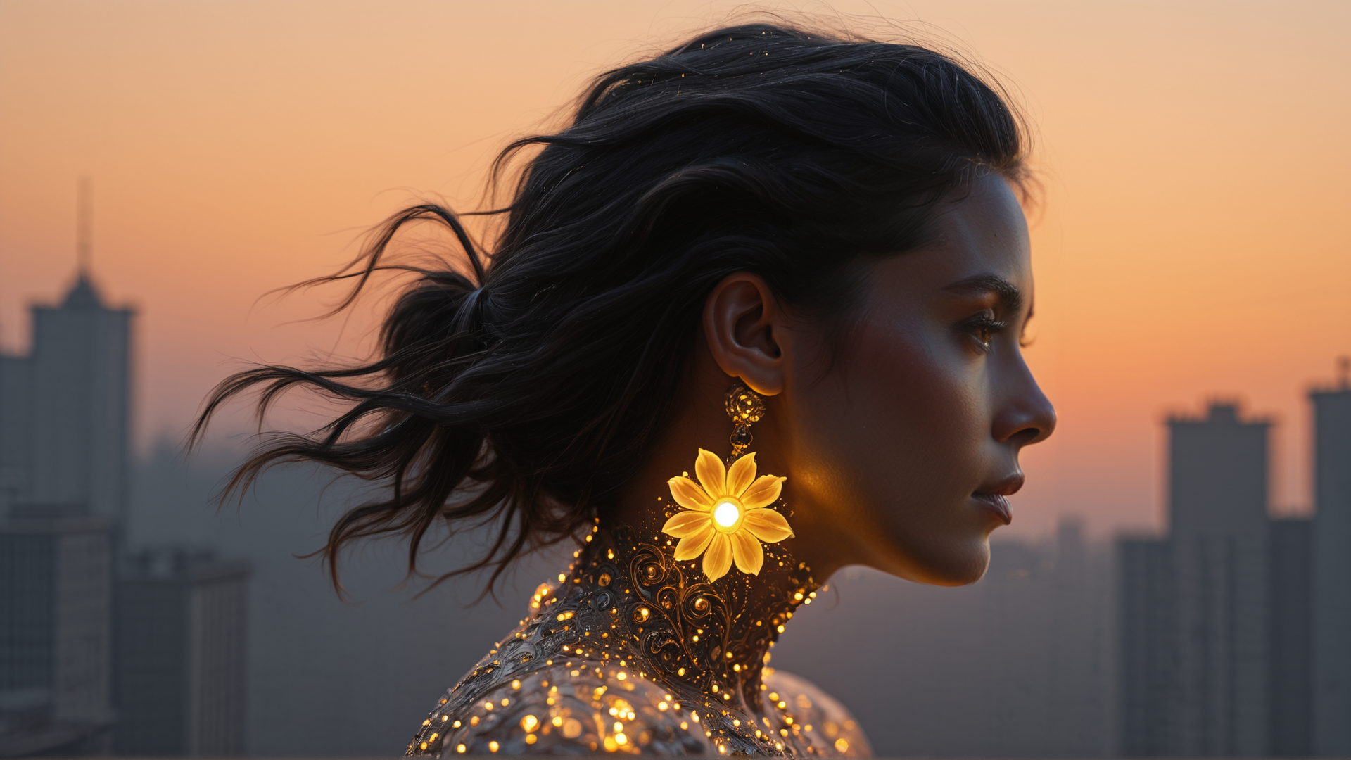 AI generated wallpaper featuring woman, earring, cityscape, hair, necklace