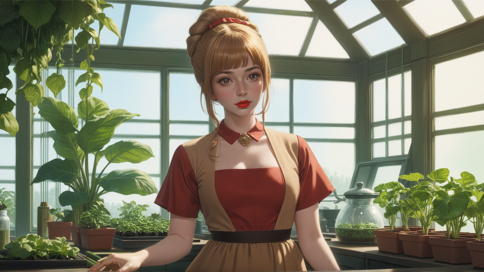 AI generated wallpaper featuring woman, greenhouse, plants
