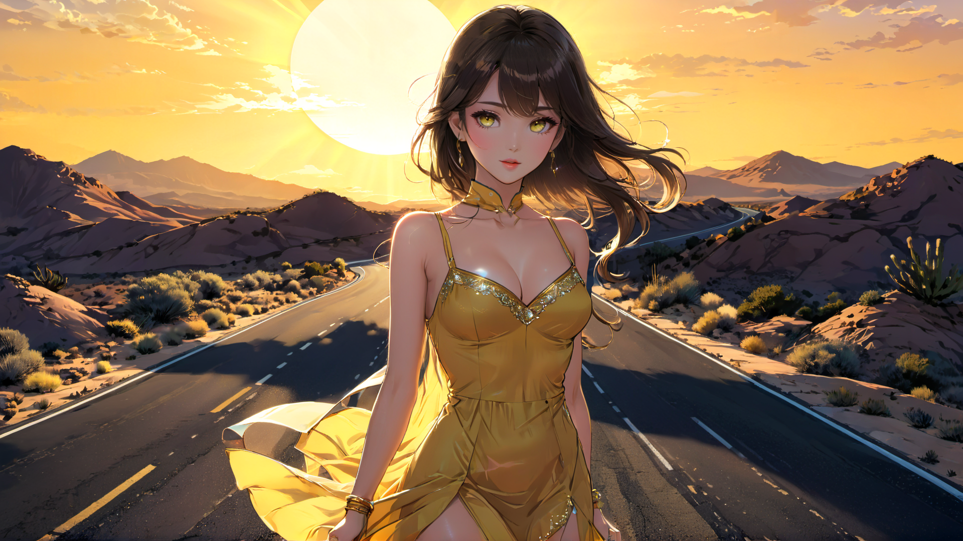 AI generated wallpaper featuring woman, desert, road
